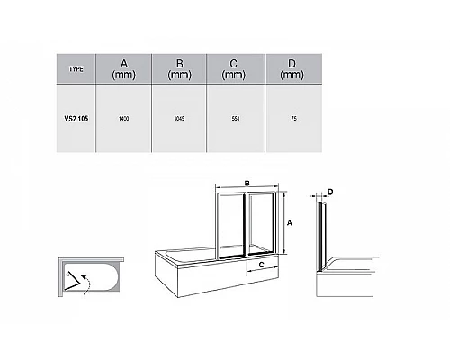 Заказать Шторка на ванну Ravak Behappy VS2 105 796M0U0041 профиль Сатин витраж пластик Rain в магазине сантехники Santeh-Crystal.ru