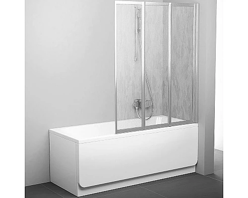 Заказать Шторка на ванну Ravak Behappy VS3 130 795V0U0041 профиль Сатин витраж пластик Rain в магазине сантехники Santeh-Crystal.ru