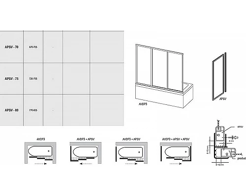 Заказать Боковая стенка для шторки на ванну Ravak Supernova APSV-70 95010U02Z1 профиль Сатин стекло Transparent в магазине сантехники Santeh-Crystal.ru