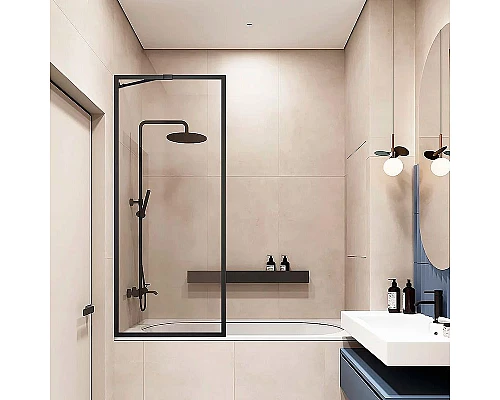 Заказать Шторка на ванну Veconi Palau 90 PL85B-90-01-C7 профиль Черный матовый стекло прозрачное в магазине сантехники Santeh-Crystal.ru