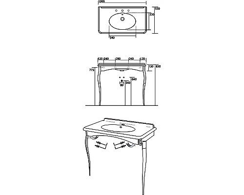 Купить Раковина-консоль Kerasan Retro 100 1049K0 bix3 cr legs Белая Хром в магазине сантехники Santeh-Crystal.ru