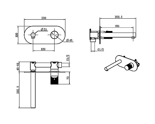 Приобрести Смеситель для раковины Boheme Stick 125-BG Черный матовый Золото в магазине сантехники Santeh-Crystal.ru
