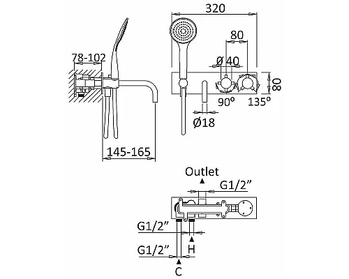 Заказать Смеситель для ванны Cezares Czr CZR-B-VDM2-T-01 с термостатом Хром в магазине сантехники Santeh-Crystal.ru