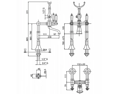 Приобрести Смеситель для ванны Cezares First VDPS FIRST-VDPS-01-Bi Хром в магазине сантехники Santeh-Crystal.ru