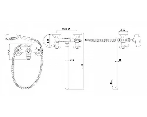Приобрести Смеситель для ванны Damixa Retro 239500000 универсальный Хром в магазине сантехники Santeh-Crystal.ru