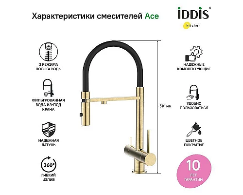 Заказать Смеситель для кухни Iddis Ace ACEMGFFi05 Золото матовое в магазине сантехники Santeh-Crystal.ru