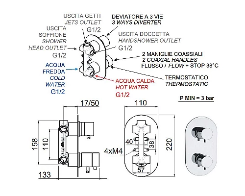 Купить Смеситель для душа Remer Minimal Thermo NT93 с термостатом Хром в магазине сантехники Santeh-Crystal.ru