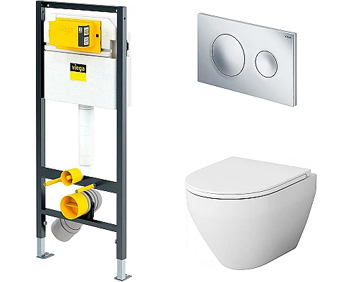 Купить Комплект унитаза AM.PM Spirit FlashClean C701700WH + C707857WH с инсталляцией Viega Prevista Dry 792855 с сиденьем Микролифт и клавишей смыва Хром в магазине сантехники Santeh-Crystal.ru