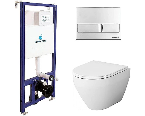 Купить Комплект унитаза AM.PM Spirit FlashClean C701700WH + C707857WH с инсталляцией Koller Pool DUNE1200SL + Neon с сиденьем Микролифт и клавишей смыва Хром в магазине сантехники Santeh-Crystal.ru