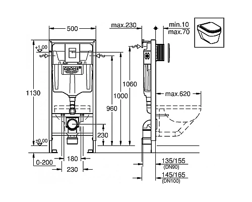 Комплект унитаза BelBagno Amanda BB051CHR+BB051SC с инсталляцией Grohe Rapid SL 38811KF0 с сиденьем Микролифт и Черной матовой клавишей смыва