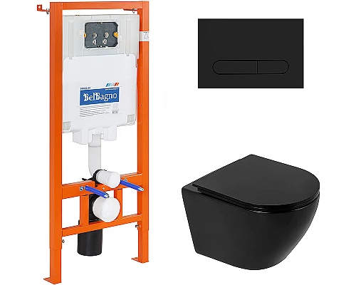 Комплект унитаза с инсталляцией BelBagno Colorato BB062CHR-MB/BB062SC-MB/BB002-80/BB007-PR-NERO.M с сиденьем Микролифт и Черной матовой клавишей смыва