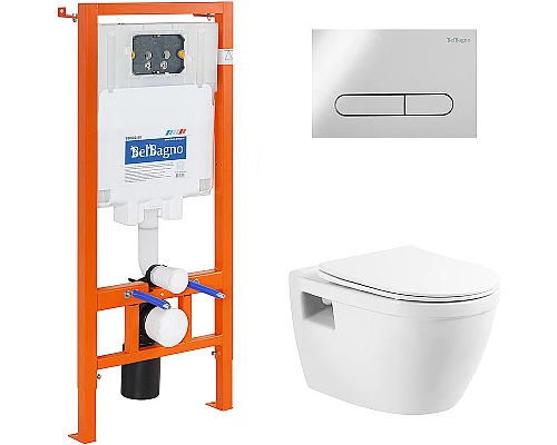 Комплект унитаза с инсталляцией BelBagno Loto BB070CHR/SC/BB002-80/BB005-PR-CHROME с сиденьем Микролифт и клавишей смыва Хром глянцевый