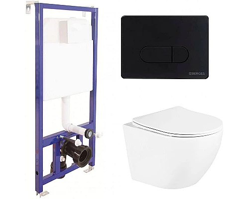Купить Комплект унитаза BelBagno Uno BB3105CHR/SC с инсталляцией Berges Wasserhaus Novum D5 040235 с сиденьем Микролифт и Черной матовой клавишей смыва в магазине сантехники Santeh-Crystal.ru