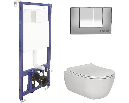 Приобрести Комплект унитаза с инсталляцией Berges Ego Rimless 047243 с сиденьем Микролифт и клавишей смыва Хром в магазине сантехники Santeh-Crystal.ru