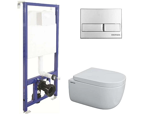 Купить Комплект унитаза с инсталляцией Berges Ego Rimless 043231 с сиденьем Микролифт и клавишей смыва Хром в магазине сантехники Santeh-Crystal.ru