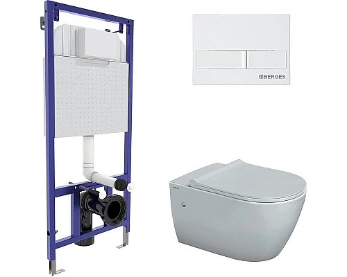 Приобрести Комплект унитаза с инсталляцией Berges Novum Rimless 043266 с сиденьем Микролифт и Белой клавишей смыва в магазине сантехники Santeh-Crystal.ru