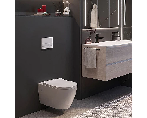 Приобрести Комплект унитаза с инсталляцией Berges Novum Rimless 043266 с сиденьем Микролифт и Белой клавишей смыва в магазине сантехники Santeh-Crystal.ru