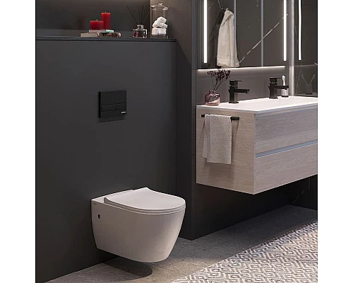 Заказать Комплект унитаза с инсталляцией Berges Novum Rimless 043217 с сиденьем Микролифт и Черной клавишей смыва в магазине сантехники Santeh-Crystal.ru