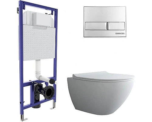 Заказать Комплект унитаза с инсталляцией Berges Novum Rimless 043272 с сиденьем Микролифт и клавишей смыва Хром глянец в магазине сантехники Santeh-Crystal.ru
