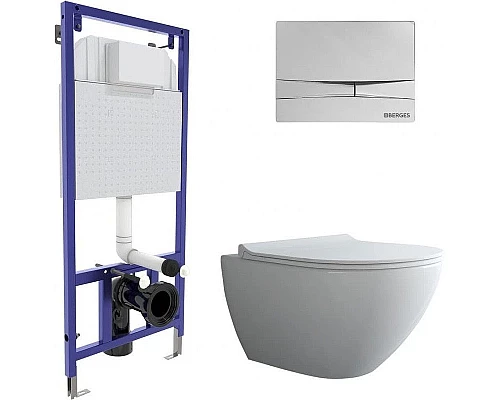 Приобрести Комплект унитаза с инсталляцией Berges Novum Rimless 043269 с сиденьем Микролифт и клавишей смыва Хром глянец в магазине сантехники Santeh-Crystal.ru