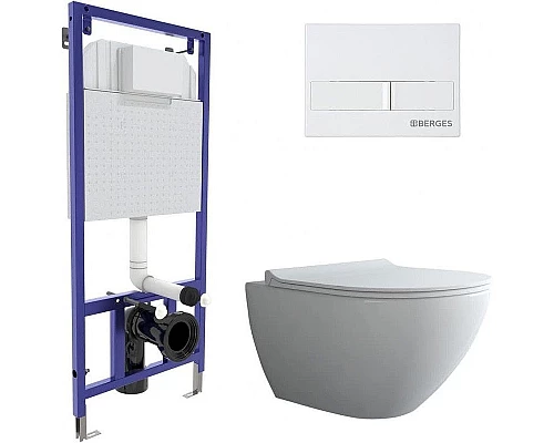 Приобрести Комплект унитаза с инсталляцией Berges Novum Rimless 043265 с сиденьем Микролифт и Белой клавишей смыва в магазине сантехники Santeh-Crystal.ru