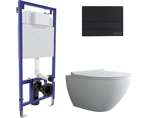 Купить Комплект унитаза с инсталляцией Berges Novum Rimless 043246 с сиденьем Микролифт и Черной клавишей смыва в магазине сантехники Santeh-Crystal.ru
