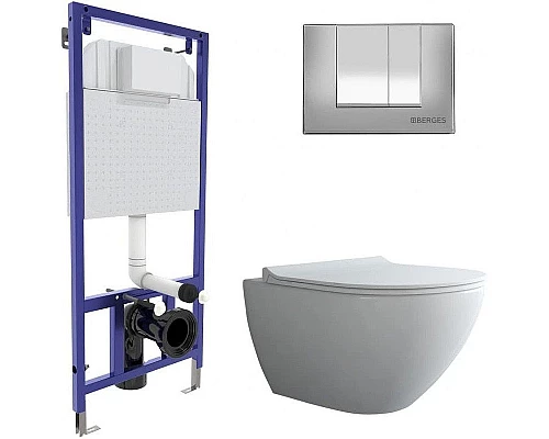 Купить Комплект унитаза с инсталляцией Berges Novum Rimless 043247 с сиденьем Микролифт и клавишей смыва Хром глянец в магазине сантехники Santeh-Crystal.ru