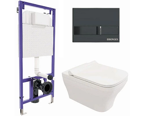 Купить Комплект унитаза с инсталляцией Berges Novum 042454 с сиденьем Микролифт и Черной глянцевой клавишей смыва в магазине сантехники Santeh-Crystal.ru