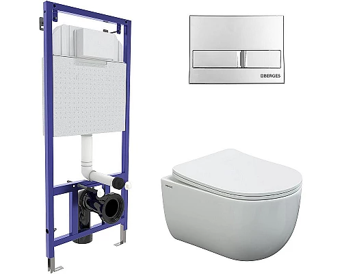 Приобрести Комплект унитаза с инсталляцией Berges Novum 043237 с сиденьем Микролифт и клавишей смыва Хром глянцевый в магазине сантехники Santeh-Crystal.ru