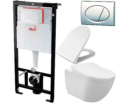 Заказать Комплект унитаза Creavit Free FE320-11CB00E-0000+KC0103.03.0000E с сиденьем Микролифт и инсталляцией Alcaplast Sadroмodul AM101/1120-0001+M71 с клавишей смыва Хром в магазине сантехники Santeh-Crystal.ru