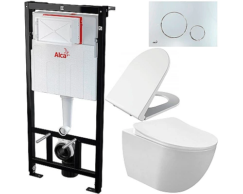 Купить Комплект унитаза Creavit Free FE320-11CB00E-0000+KC0103.03.0000E с сиденьем Микролифт и инсталляцией Alcaplast Sadroмodul AM101/1120-0001+M671 с клавишей смыва Хром в магазине сантехники Santeh-Crystal.ru