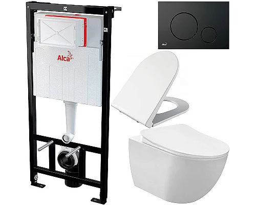 Купить Комплект унитаза Creavit Free FE322-11CB00E-0000+KC0103.03.0000E с сиденьем Микролифт и инсталляцией Alcaplast Sadroмodul AM101/1120-0001+M678 с Черной матовой клавишей смыва в магазине сантехники Santeh-Crystal.ru