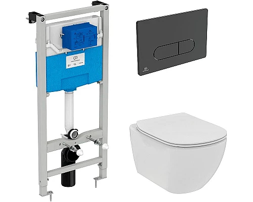 Заказать Комплект унитаза с инсталляцией Ideal Standard Tesi Rimless TT00003/115A6 с сиденьем Микролифт и Черной матовой клавишей смыва в магазине сантехники Santeh-Crystal.ru