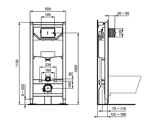 Приобрести Комплект унитаза с инсталляцией Ideal Standard Tesi Rimless TT00003/121A6 с сиденьем Микролифт и Черной матовой клавишей смыва в магазине сантехники Santeh-Crystal.ru