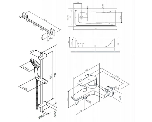 Купить Комплект акриловой ванны AM.PM Gem 170х70 WK90EA без гидромассажа со смесителем с душевым гарнитуром и аксессуарами для ванной комнаты в магазине сантехники Santeh-Crystal.ru