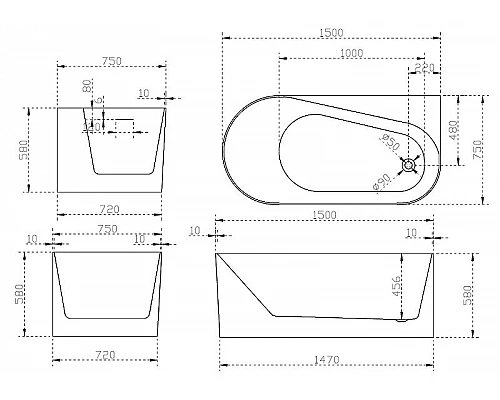 Заказать Акриловая ванна Abber 150х75 AB9496-1.5R без гидромассажа в магазине сантехники Santeh-Crystal.ru