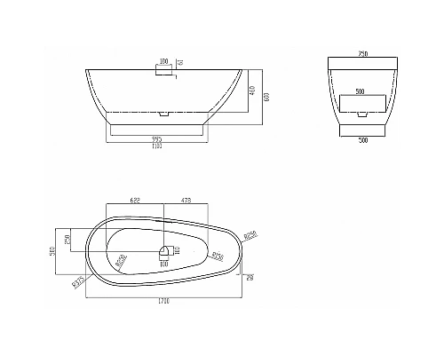 Ванна из искусственного камня Abber Dortmund 170x75 AM9911BW Черно-белая матовая без гидромассажа