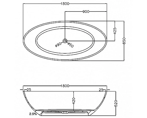 Ванна из полиэфирной смолы Abber Kristall 180х85 AT9702Vesuvian Оливковая без гидромассажа