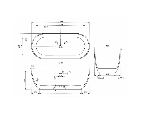 Ванна из искусственного камня Abber Stein 170x75 AS9613-1.7 без гидромассажа