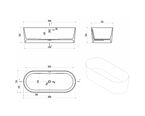 Ванна из искусственного камня Abber Stein 180x75 AS9614 без гидромассажа