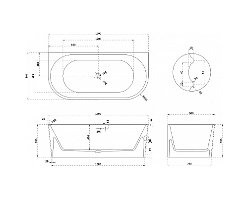 Ванна из искусственного камня Abber Stein 170x80 AS9652 без гидромассажа