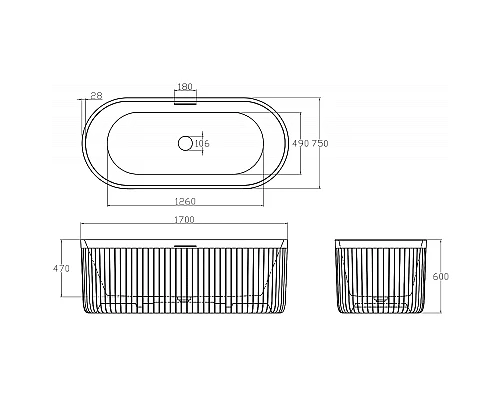 Ванна из искусственного камня Abber Stuttgart 170x75 AM9925B Черная матовая без гидромассажа
