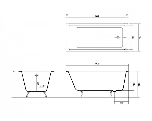 Приобрести Чугунная ванна Aquatek Альфа 170x75 AQ8970F-00 без антискользящего покрытия в магазине сантехники Santeh-Crystal.ru