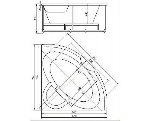 Купить Акриловая ванна Aquatek Поларис-2 155х155 POL2-0000041 без гидромассажа с фронтальной панелью с каркасом (вклеенный) со слив-переливом в магазине сантехники Santeh-Crystal.ru
