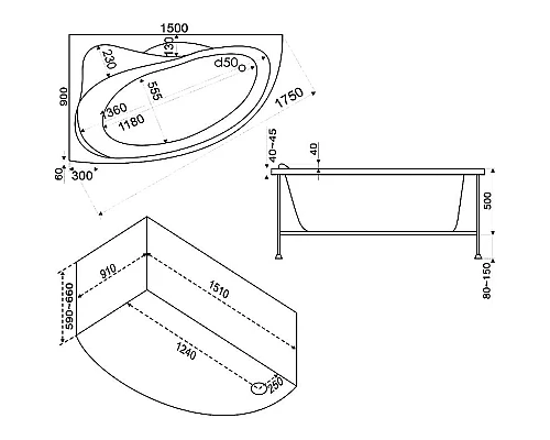 Заказать Акриловая ванна Bas Вектра 150x90 R В 00008 без гидромассажа в магазине сантехники Santeh-Crystal.ru