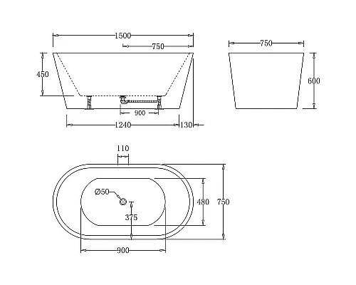 Купить Акриловая ванна BelBagno 150x75 BB71-1500-W0 без гидромассажа в магазине сантехники Santeh-Crystal.ru