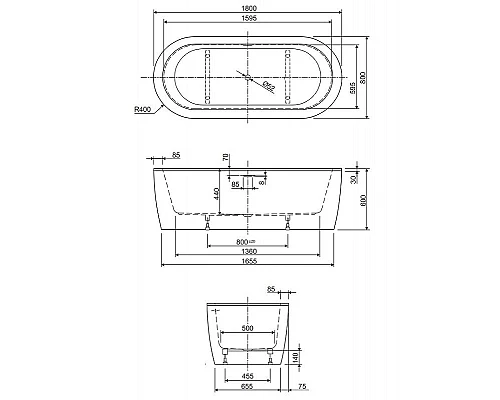Заказать Акриловая ванна Cezares Slim 180x80 SLIM CENTRAL-180-80-60-W37-SET без гидромассажа в магазине сантехники Santeh-Crystal.ru
