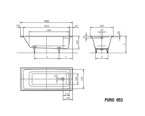 Купить Стальная ванна Kaldewei Puro 653 180x80 256300010001 без покрытия в магазине сантехники Santeh-Crystal.ru