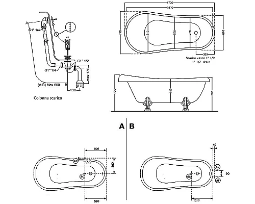 Приобрести Акриловая ванна Kerasan Retro 170x77 105590 Белый Хром в магазине сантехники Santeh-Crystal.ru