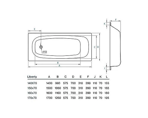 Купить Стальная ванна Koller Pool Liberty 160x70 B60C2200E без антискользящего покрытия в магазине сантехники Santeh-Crystal.ru